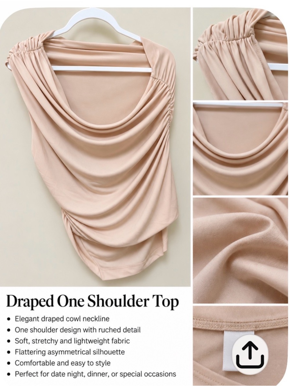 ZARA Draped One-Shoulder Cowl Top — Nude SZ XXL NWT